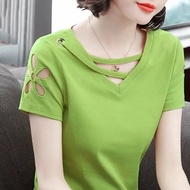 【Yai Court】Short-sleeved t-shirt women's solid color hollowed out V-neck top Slim slimming Korean version of large size T-shirt all-match summer