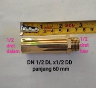 kuningan dobel sok drat luar 1/2 x 1/2 drat dalam panjang 60 mm