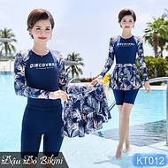 Đồ bơi dài tay cho mẹ và bà, Bikini 3 chi tiết cho tuổi trung niên, quần short lửng rời mix cùng châ