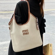 MiuMiu Official IVY Series Fabric Canvas Tote Bag Travel Fitness Portable Shoulder Armpit Bag Large 