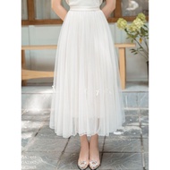 Chân váy xếp ly midi dáng dài chất voan đính nơ hai màu freesize Tiin Store GC23063