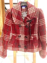 JUICEANA 法國製復古英倫羊毛90%外套酒紅大衣 孫芸芸 利菁 格紋 短版 保暖