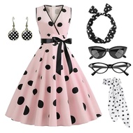 Womens Rockabilly Dress Polka Dots Swing Flare Dress with Accessories Set Earrings Headband Glasses 