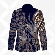 Aztec Tribal Pattern at Collar and Hem - Loose Fit Button-Up Navy Blue Long Sleeve Blouse