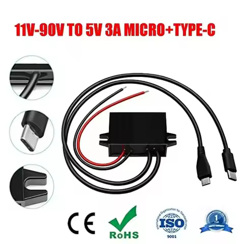 12V 24V 36V 48V 60V 72V to 5V 3A 15W DC to 11-90V to 5V USB Converter with Type C and Micro USB Outp