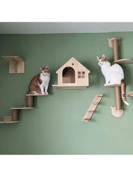 1pc Wall Mounted Cat Tree, Wooden Cat Ladder Steps, Cat Villa For Playing, Climbing And Resting, Eas