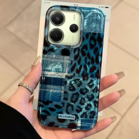 Grid Pattern Blue Leopard Phone Cases for Xiaomi Redmi Note 14 13 12 11 11S 10 10S 8 9 Pro 15 15C 13