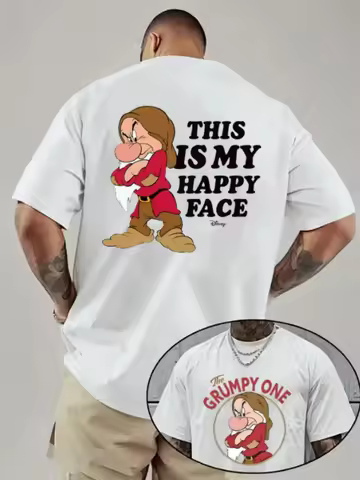 Disney Snow White Grumpy Dwarf Quote Print Men Crew Neck Short Sleeve T Shirt White Casual Daily Wea