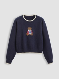 Cider Round Neckline Graphic Bear Long Sleeve Sweater