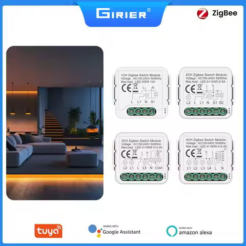 GIRIER Tuya ZigBee Switch Module Neutral Wire Required Smart Home DIY Breaker Relay Supports 2-way C