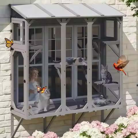 Cat Window Box Wooden Window Catio or Indoor Cats, Cat Enclosure with 4 Platorms & 3 Do, Wall-Mounte