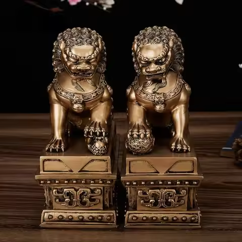2pcs Chinese Style Lucky Lion Statue Resin Mighty Lion Evil Spirits Crafts Home Office Retro Decorat