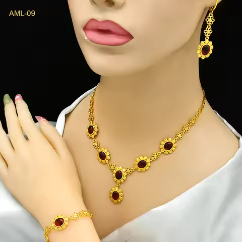 Ruby Necklace Earrings Bracelet Set Women's 24K Gold AU999 - Bright ruby, matching set, women's 24K 