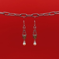 MrR手作不鏽鋼圈S925銀鉤聖潔家庭珍珠吊墜吊掛式耳環一對