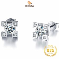 USHOW 5A Zircon Stud Earrings Pt950 Platinum 925 Silver