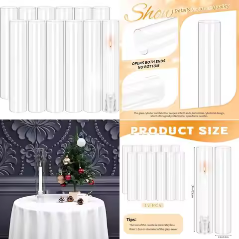 Set of 12 Clear Glass Hurricane Candle Holders, 2.5 Wide x 14 Tall Open-Ended Cylinder, Bottomless D