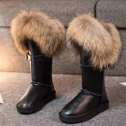 2026 Extra-large Fox Hair Boots Natural Fox Fur Casual Winter Snow Boots Women Real Cow Suede Leathe