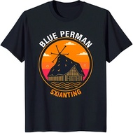 T-Shirt With Sunset Building Graphic & Windmill 'Blue Perman' Design