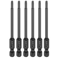6pcs T6-T40 Torx Screwdriver Bit 1/4" Hex Shank 75mm/100mm S3 Steel Magnetic Tamper Proof Star 6 Poi
