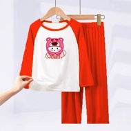 Bộ ngủ phối dài tay bé gấu dâu cho bé gái  chất cotton đủ size từ 9 đến 65kg