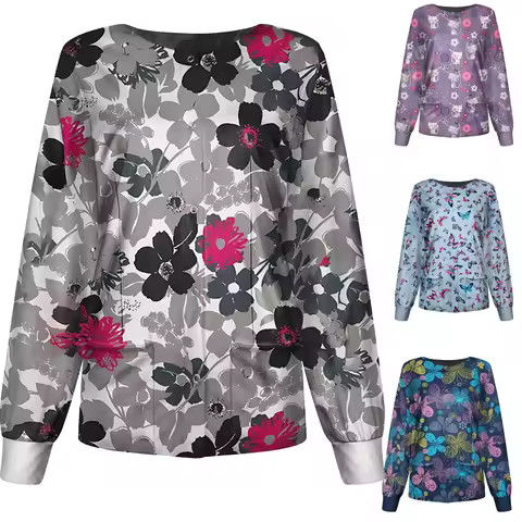 Plus Size 3D Printed Nurse Uniform for Women Long-sleeved O Neck Single-breasted Scrub Top Beauty Sa