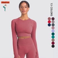 Thinkture Round Neck Long Sleeves Yoga Tops Woman Fitness Quick Drying Breathable Seamless Knitting 