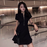 Women's High-Waisted Short Sleeve V-Neck Front-Zip Mini Dress with Ruffled Hem - Casual Office & Par