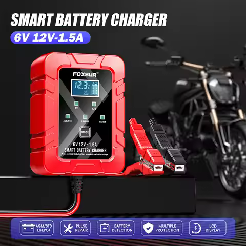 FOXSUR FBC061215D 6V 12V 1.5A Motorcycle Automatic Smart Trickle Battery Charger for GEL AGM EFB CA 