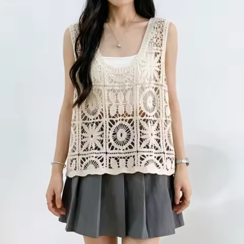Boho Crochet Tank Top Granny Square Open-knit Sleeveless Lace Blouse for Women Summer Vacation Beach