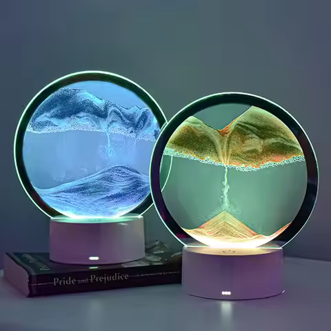 Moving Sand Art Picture Round Table Lamp 3D Dynamic Sand Painting Dynamic Sand Night Light Home Deco