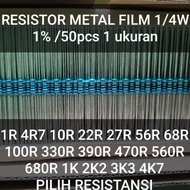 50pcs 1% METAL FILM RESISTOR 1/4W 1R 3R3 4R7 6R8 10R 12R 15R 18R 22R 24R 27R 30R 33R 36R 39R 43R 47R