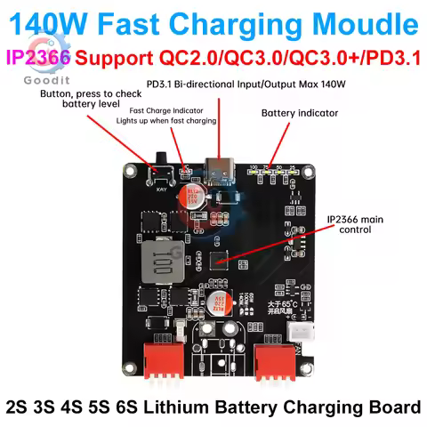 IP2366 PD3.1 140W Bidirectional Fast Charging Board, 2S-6S Li-ion/Lifepo4 BMS, QC3.0+/FCP/AFC/SCP, T