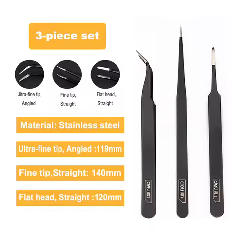 Deli 3 PCS Precision Tweezers Set ESD Anti Static Stainless Steel Tweezers Repair Tools for Electron
