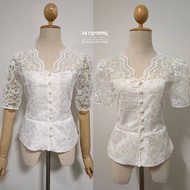 White Lace Shirt V-Neckline Short Sleeves Slim Fit Work Wear To The Temple Make Merit Very Beautiful