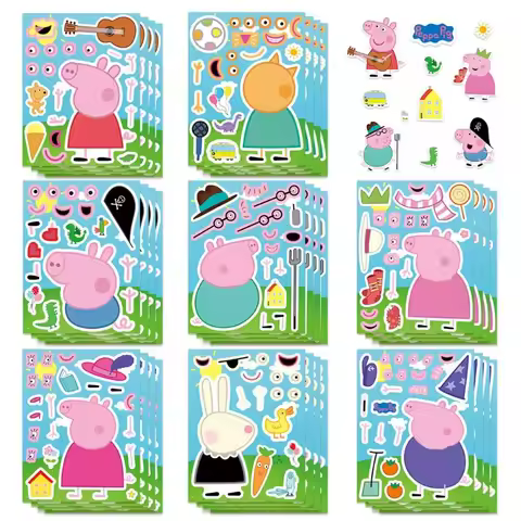 16 Peppa Pig family assembly puzzle cartoon stickers, pink and blue parent-child educational toys, d