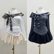 Set of off-the-shoulder, long-sleeved shirt with rough checkered pattern, cute big-size pumpkin skir