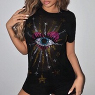 Mesh Sheer Short Sleeve Y2K Eye Graphic T Shirt Dress Concert Sheeเสื้อสีดำพร้อมการตกแต่งแบบ Hotfix 