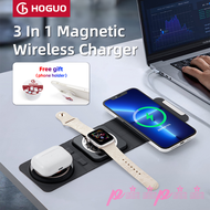 [P15p59] Hoguo-3ใน1เครื่องชาร์จแบตเตอรี่ไร้สายแม่เหล็กแท่นขาตั้งพับเก็บได้ iPhone 14, 13, 12, 11, X,นาฬิกา Apple,AirPods,ชาร์จเร็ว,15W