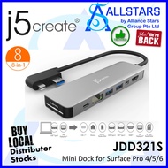 J5CREATE JDD321S Silver 8-in-1 Mini Dock for Surface PRO (4K HDMI + GBE LAN + USB3.1 Type Cx1, Type 