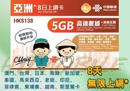 ✈️中國聯通亞洲8日無限上網卡 亞洲多國同時使用 澳門 日本 韓國 新加坡 泰國 馬來西亞 老撾 印尼 菲律賓 柬埔寨 越南 斯里蘭卡 另有12天及30天 Asia data sim