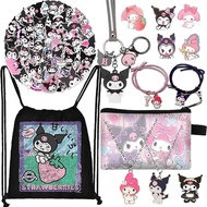 Kuromi and My Melody Gift Set, Cartoon Merch Including 1 Drawstring Bag 1 Keychain 2 Necklaces 1 Pur