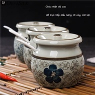 Household lard jar high temperature resistant ceramic oil jar with spoon chili oil jar kitchen salt 