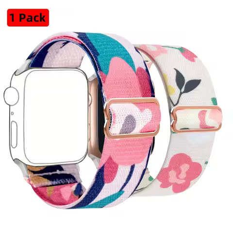 2Pack Vibrant Floral Print Stretchy Band for Apple Watch，Breathable Nylon Strap with Stainless Steel