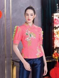 เสื้อคอจีน เสื้อผู้หญิง Carisa งานสกีนลายปลา ลงบนตัวเสื้อ [4113]