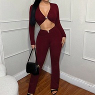 Metal Decor Button Knitted Long Sleeve Top And Pants Set, 2 Piece Lounge Sets Woman, Long Sleeve Two