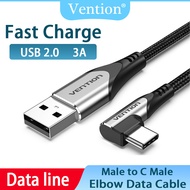 Vention Kabel USB Tipe C Kabel Pengisi Daya 3A 90 Derajat Permainan Daya Cepat untuk S10 Samsung Mi9 10 Pro Kabel USB C Ponsel ชาร์จเร็ว QC 3.0
