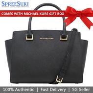 Michael Kors Handbag In Gift Box Crossbody Bag With Selma Medium Top Zip Saffiano Leather Satchel Black # 35H8GLMS2L