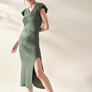 荷葉袖V領休閒修身連身長裙 竹棉混紡 - 綠色 香港品牌 環保時尚