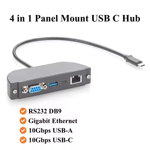 USB C Hub, 4-in-1 Screw Panel Mount Multiport Adapter, RS232 DB9, Gigabit Ethernet, 10Gbps USB-A & U