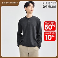 GIORDANO Men T-Shirts Henley Neck Solid Color Simple Basic Tee Long Sleeve Smooth Waffle Gentle Fash